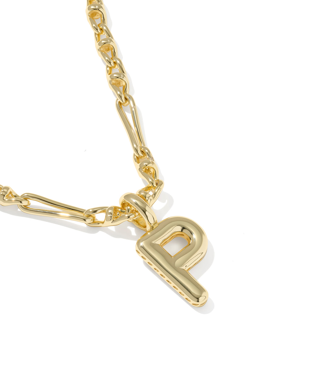 Gold necklace with a letter 'P' charm on a white background