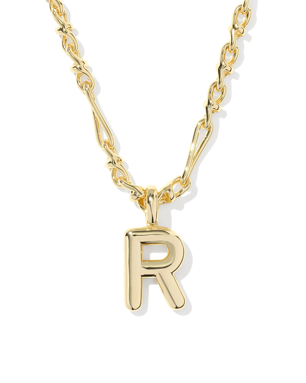 A gold initial necklace featuring a polished letter 'R' pendant on a twisted link chain, shown against a plain white background.