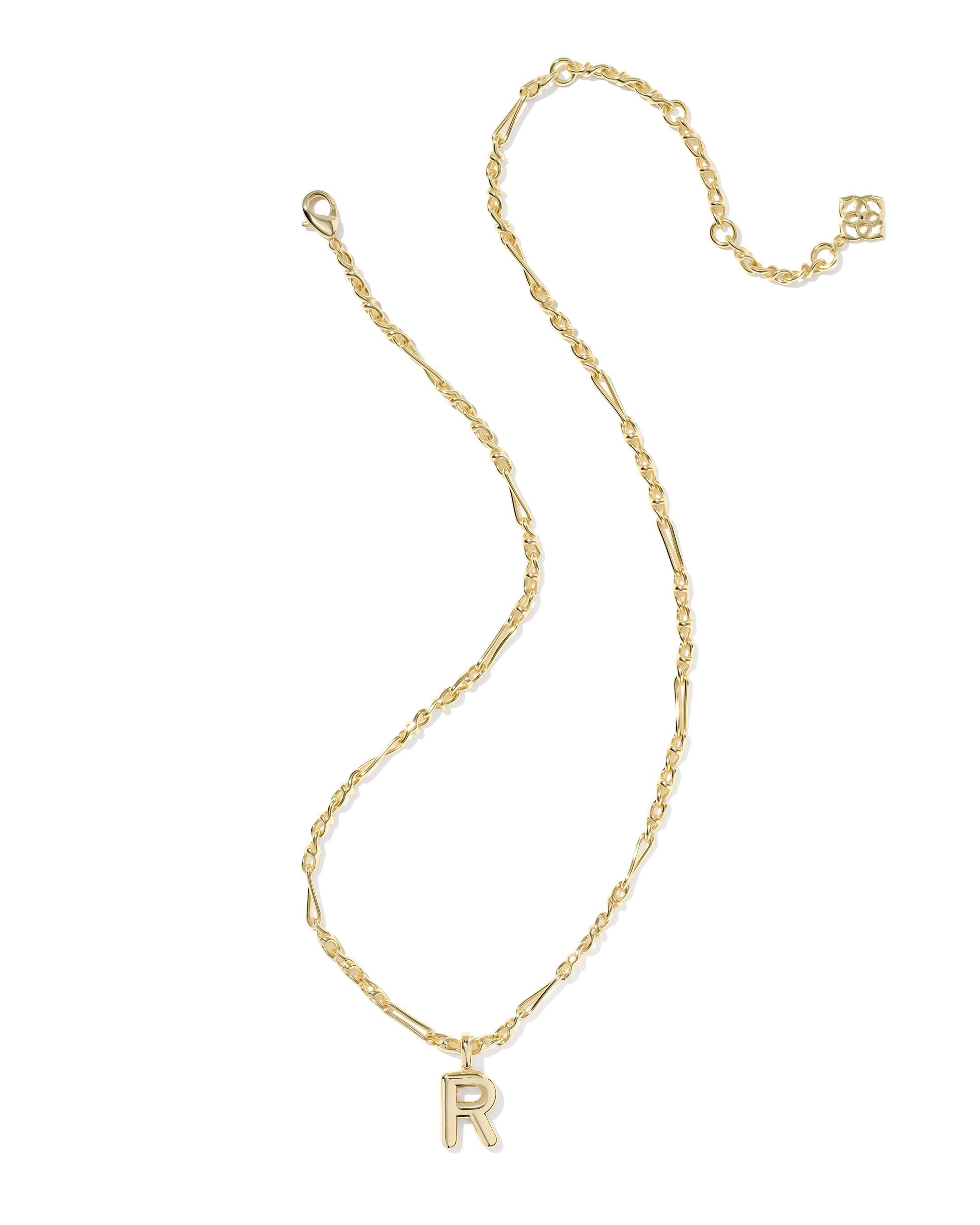 Gold necklace with a letter 'R' pendant on a white background