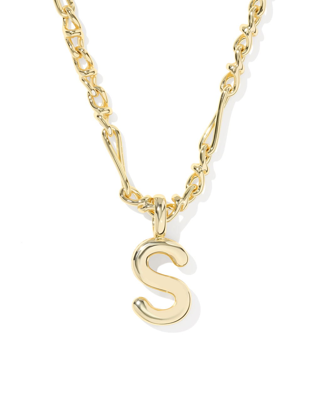 A gold initial necklace featuring a polished cursive letter 'S' pendant on a matching chain, shown against a plain white background.