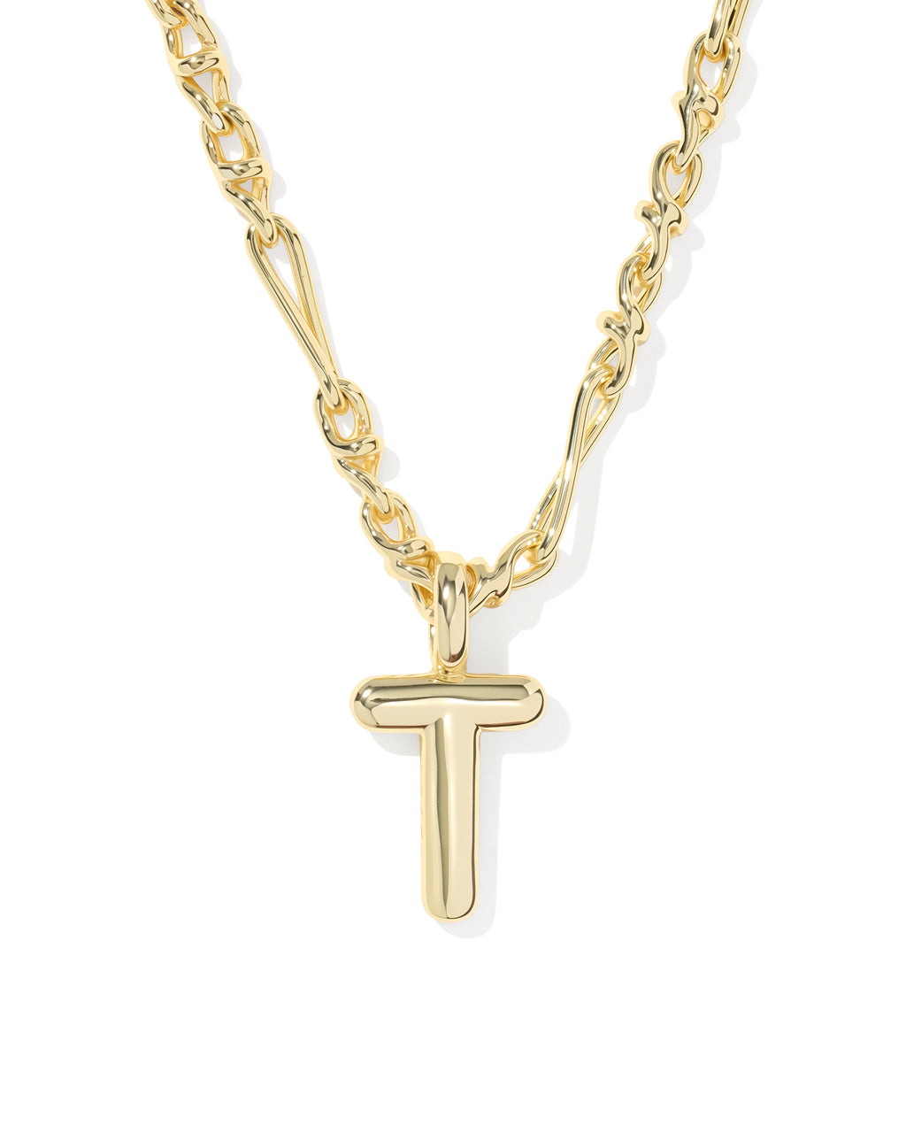 A gold initial necklace featuring a polished, lowercase-style letter 't' pendant on a matching chain, shown against a plain white background.