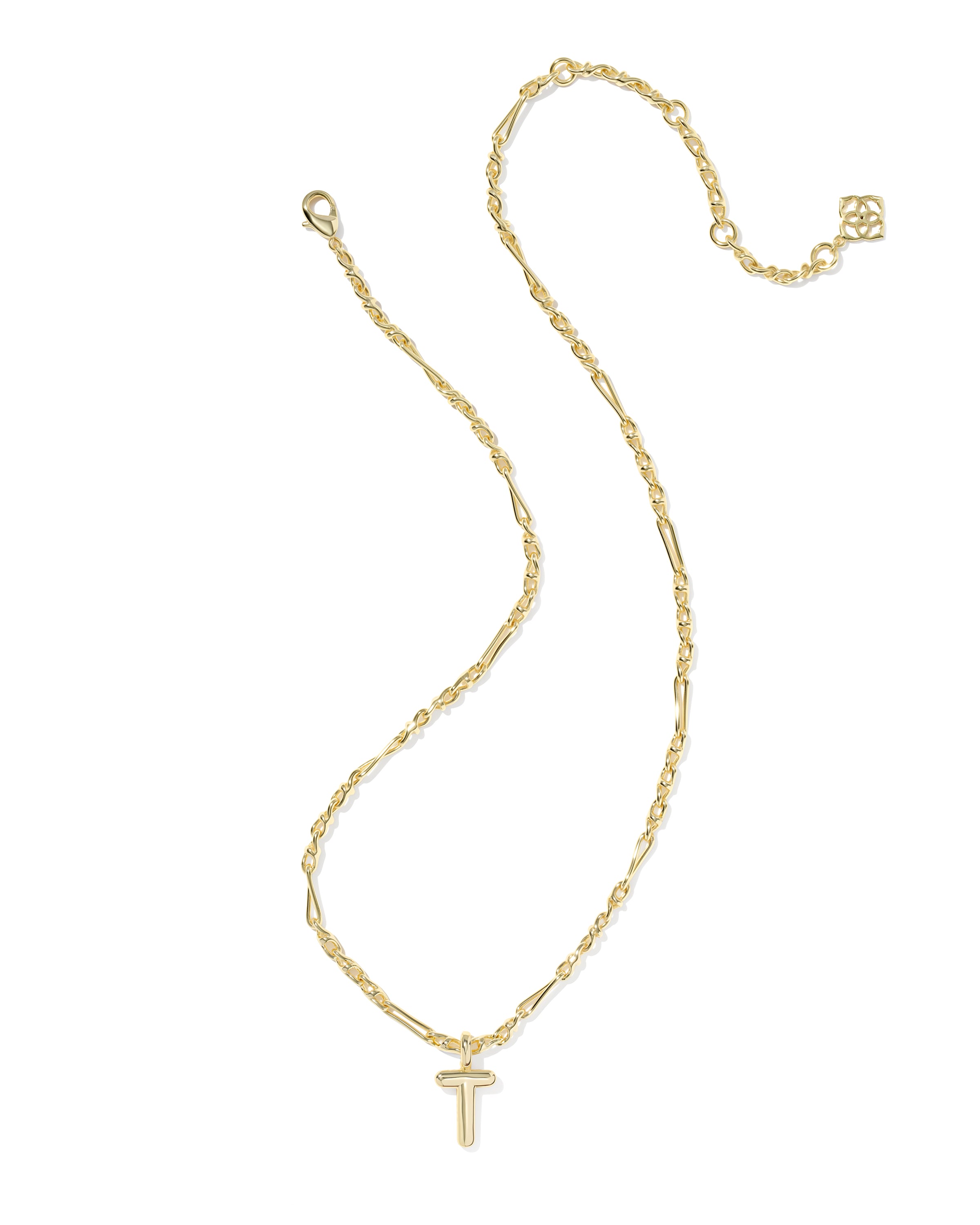 Gold necklace with a 'T' pendant on a white background