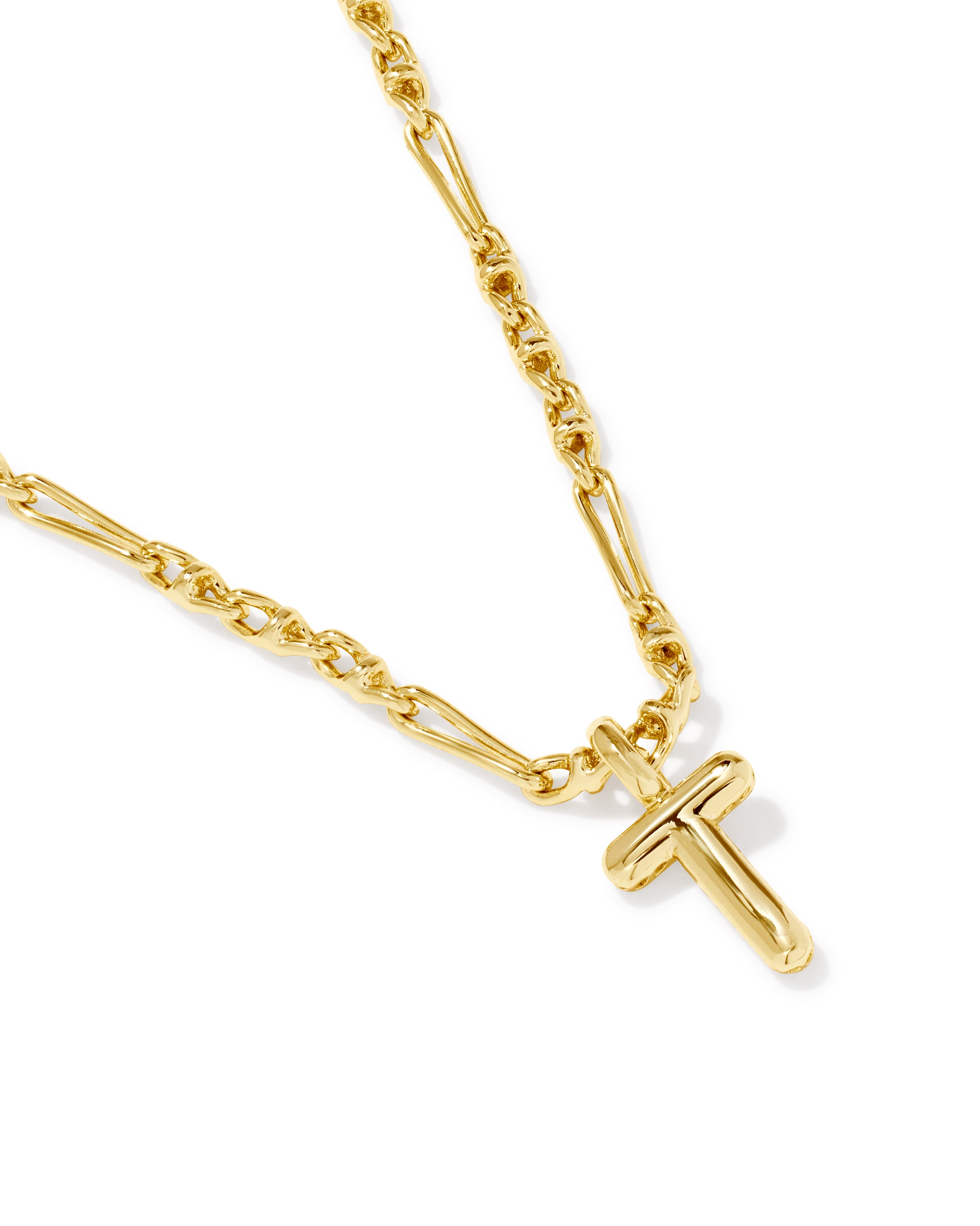 A gold chain necklace featuring a polished gold T pendant, displayed on a clean white background.