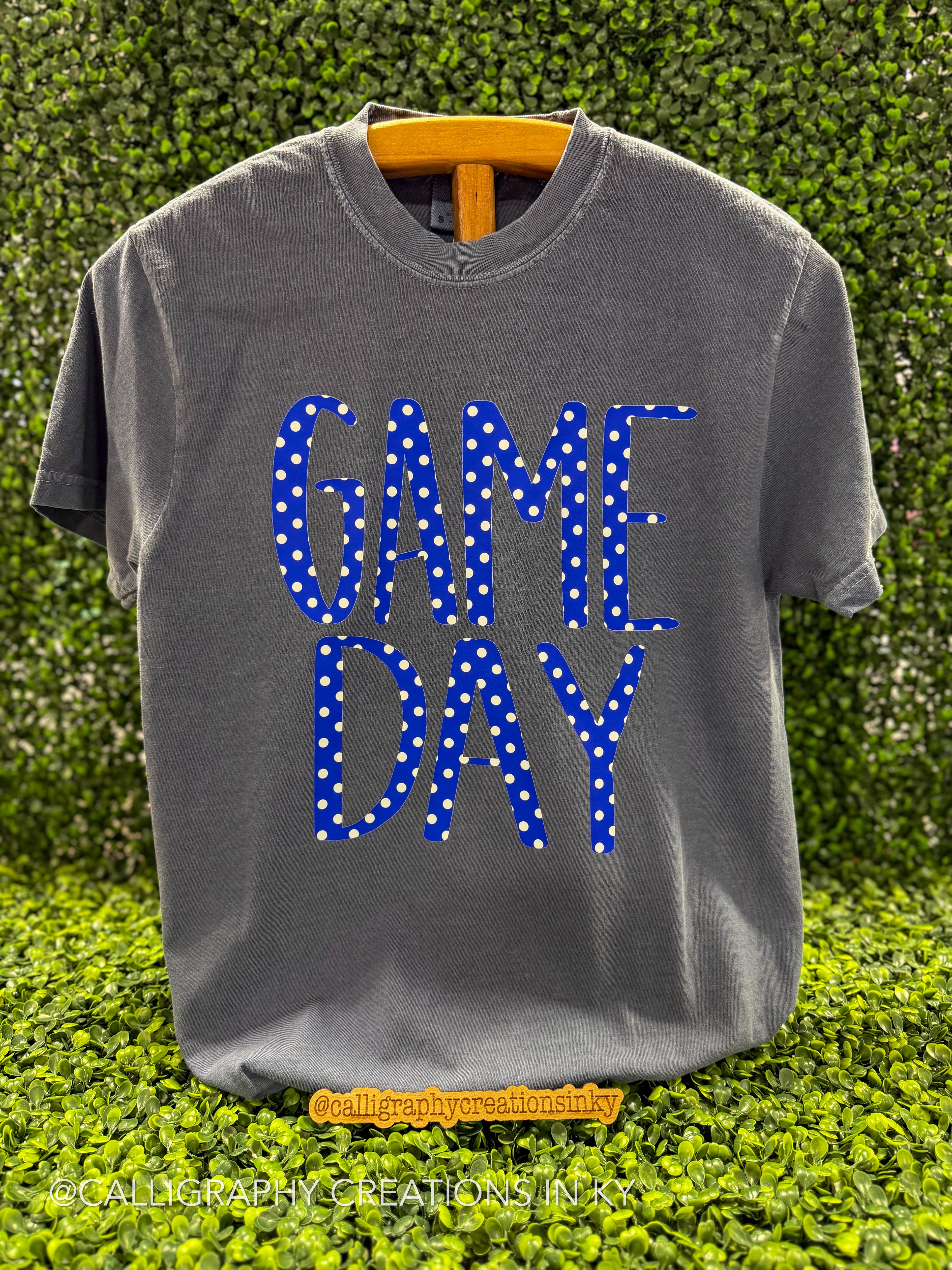 A gray short-sleeve t-shirt with 'GAME DAY' printed in blue letters filled with white polka dots, displayed on a wooden hanger against a green hedge background.