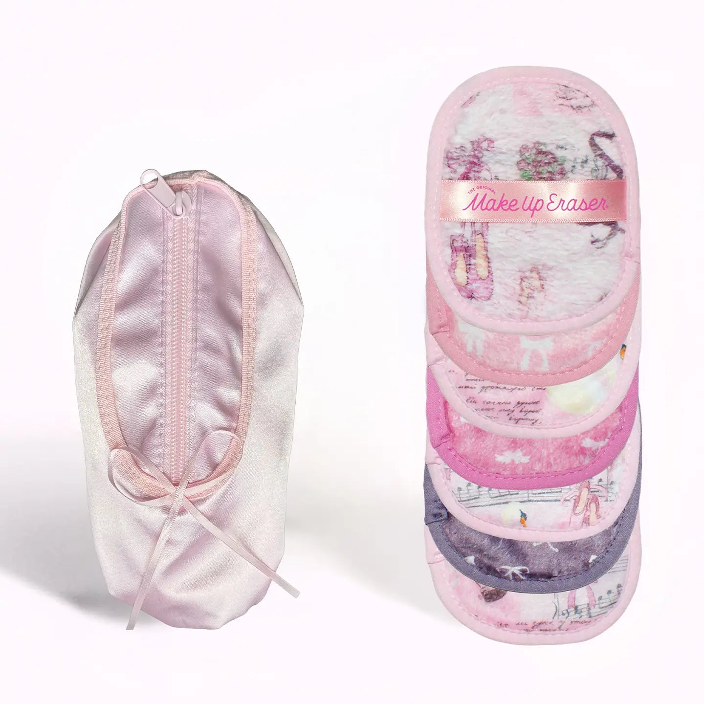Ballerina shoe bag on the left with 6 patterned makeup erasers on the right. 