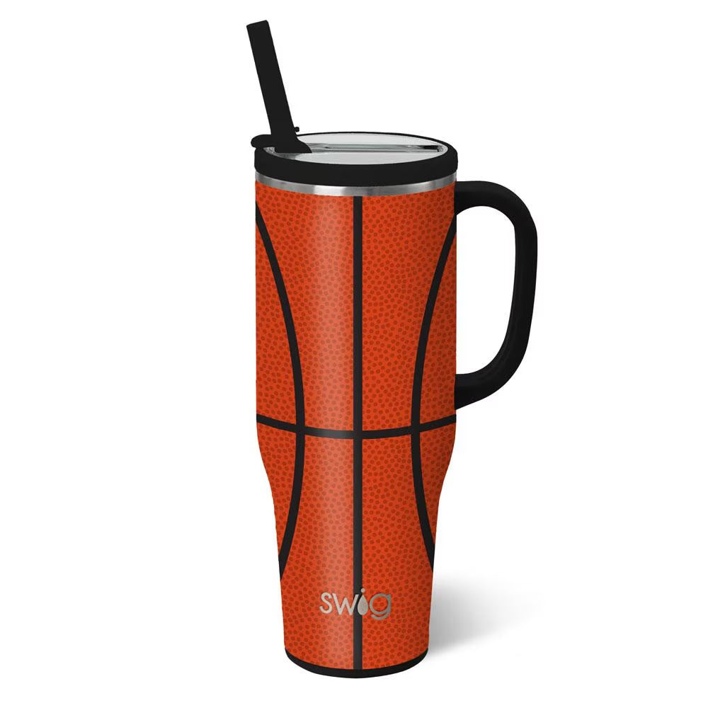 Basketball-patterned mug with handle and straw on a white background