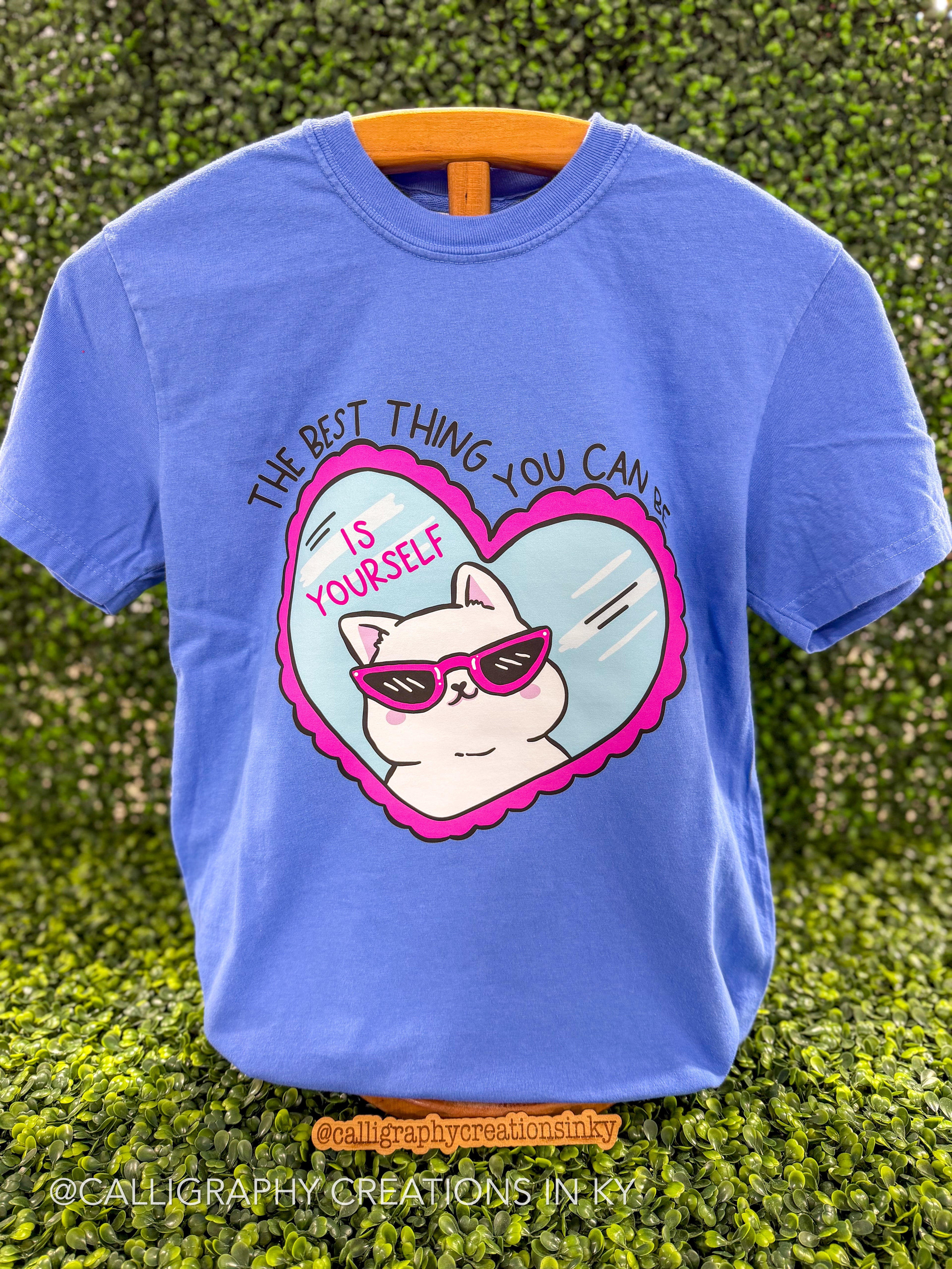 Blue shirt with cat looking into mirror on a wooden stand 