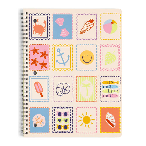 Notebook with colorful beach-themed stickers on a white background
