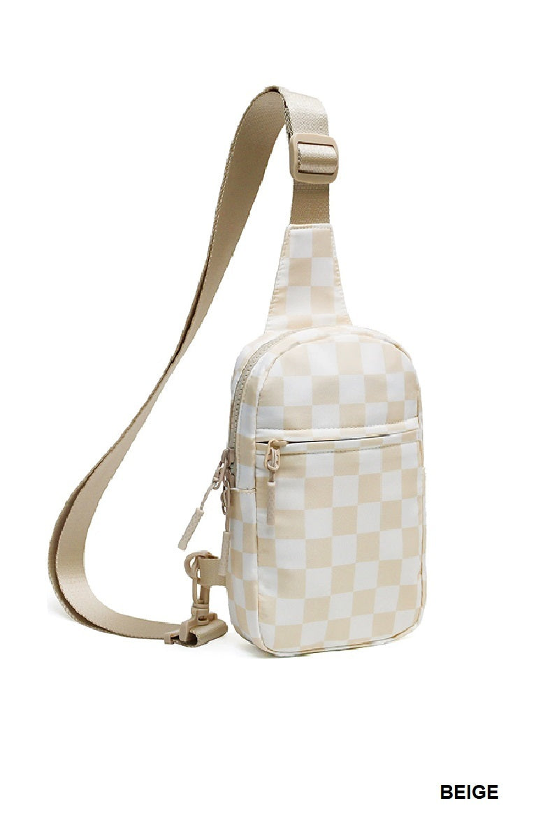 White and beige checkered sling back on a white background