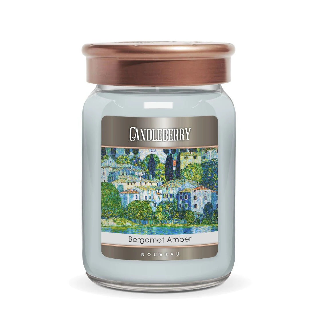 A large jar of Candleberry candle with a label depicting a picturesque town scene in the background.