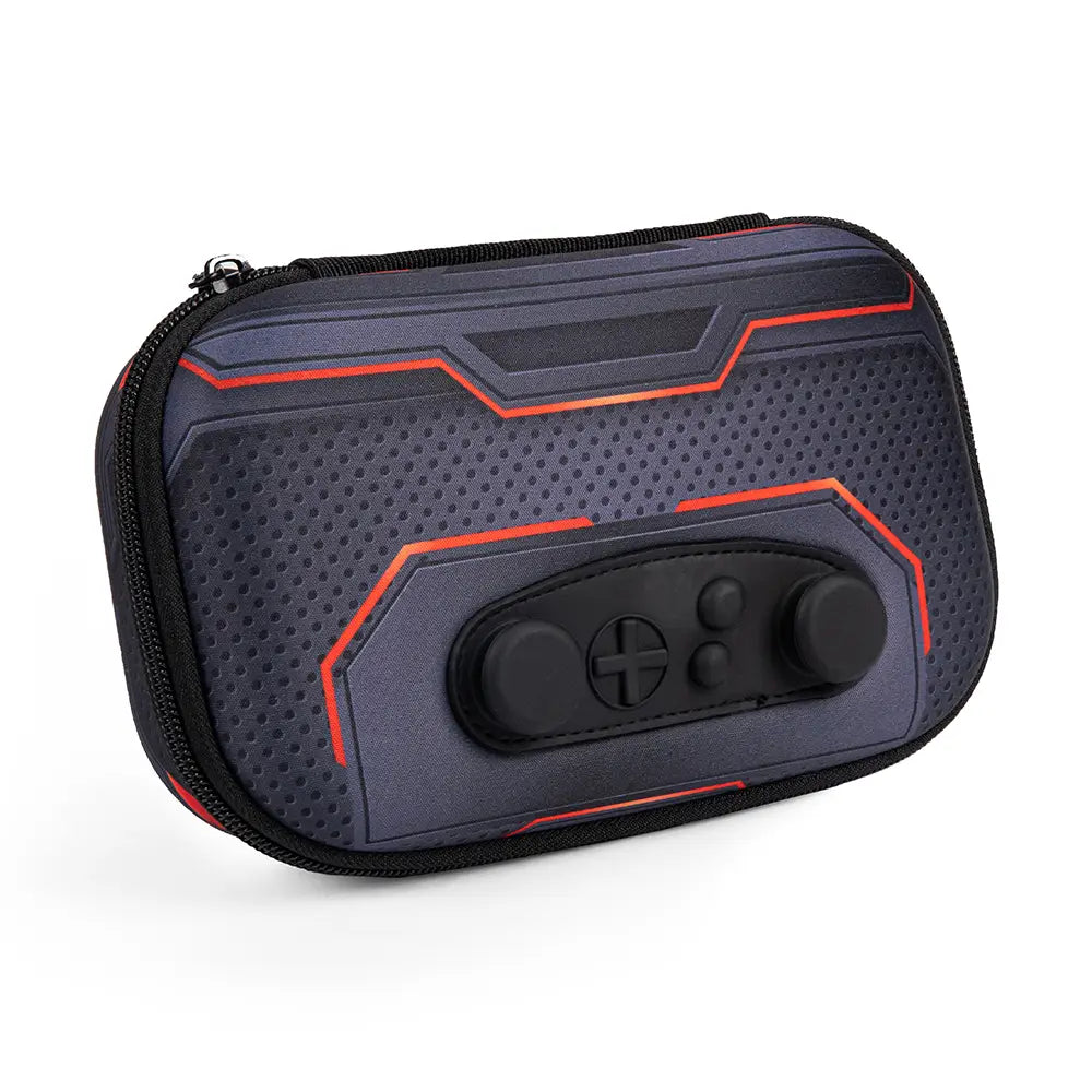 Black and red gaming console carrying case on a white background