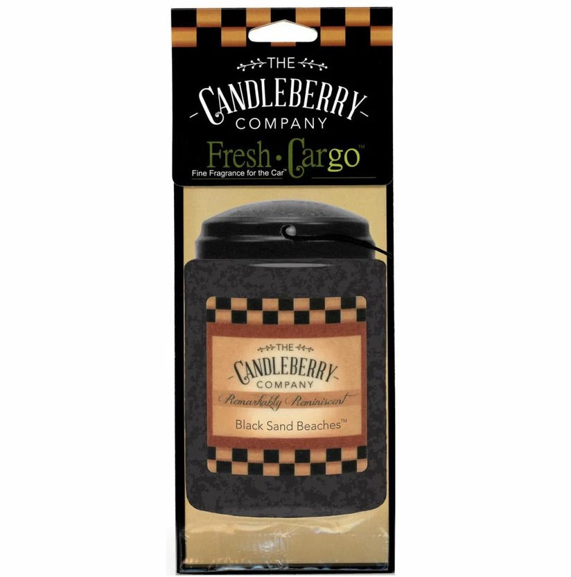 A packaged Candleberry Fresh CarGo air freshener with the brand logo and the scent name Black Sand Beaches visible on the label.