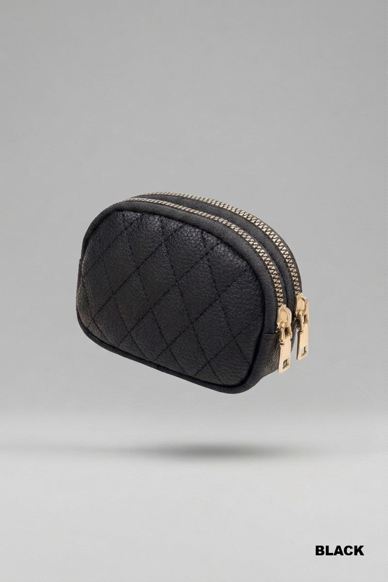 Black coin purse with gold double zippers against a grey background