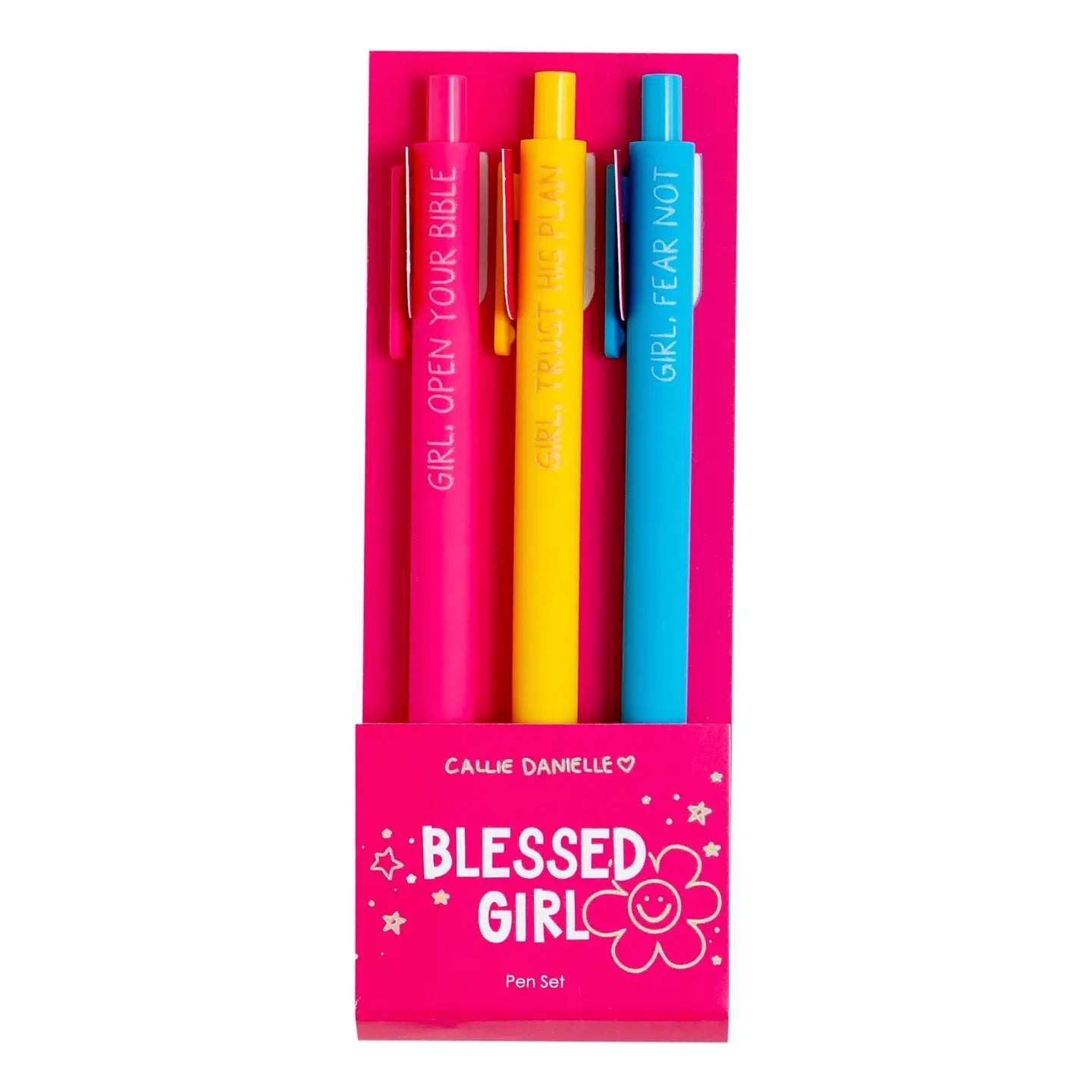 Set of three pens in pink, yellow, and blue with a 'Blessed Girl' packaging on a white background.