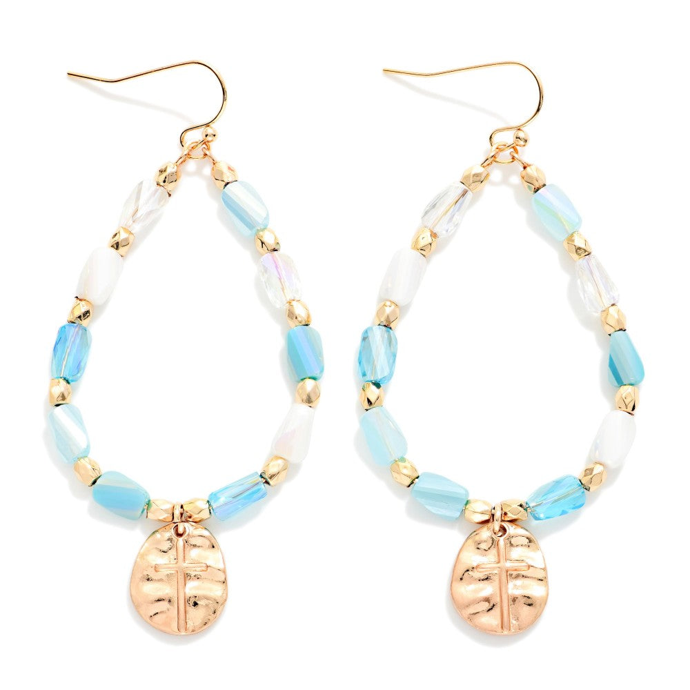 Blue Faceted Cylinder Beaded Teardrop Earrings Featuring Hammered Metal Cross Pendant 
