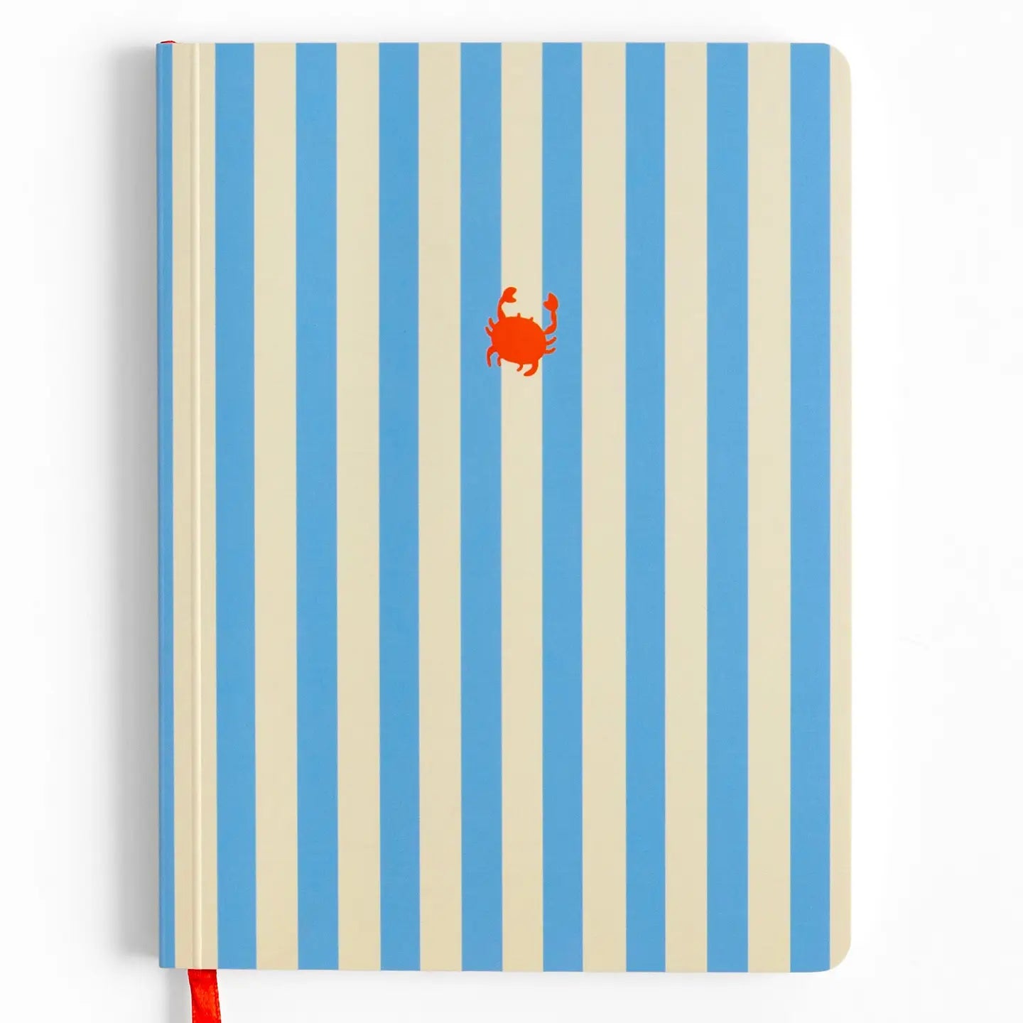 Notebook with blue and beige striped cover and red crab design on a white background