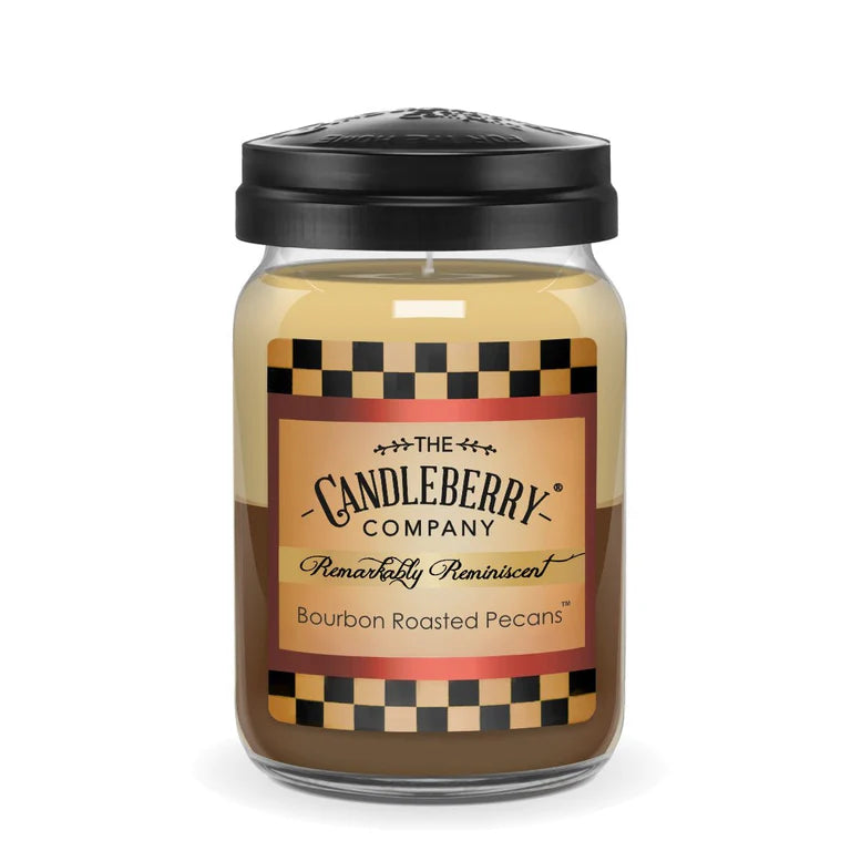 A large jar of Candleberry Company candle with 'Bourbon Roasted Pecans' label, indicating it is a scented candle with a checkered pattern on the label.