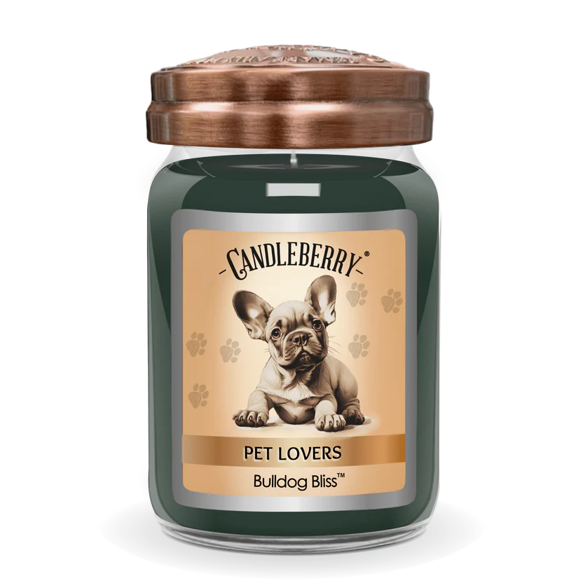 A green jar candle with a brown lid, labeled 'Pet Lovers Bulldog Bliss' featuring an image of a bulldog.