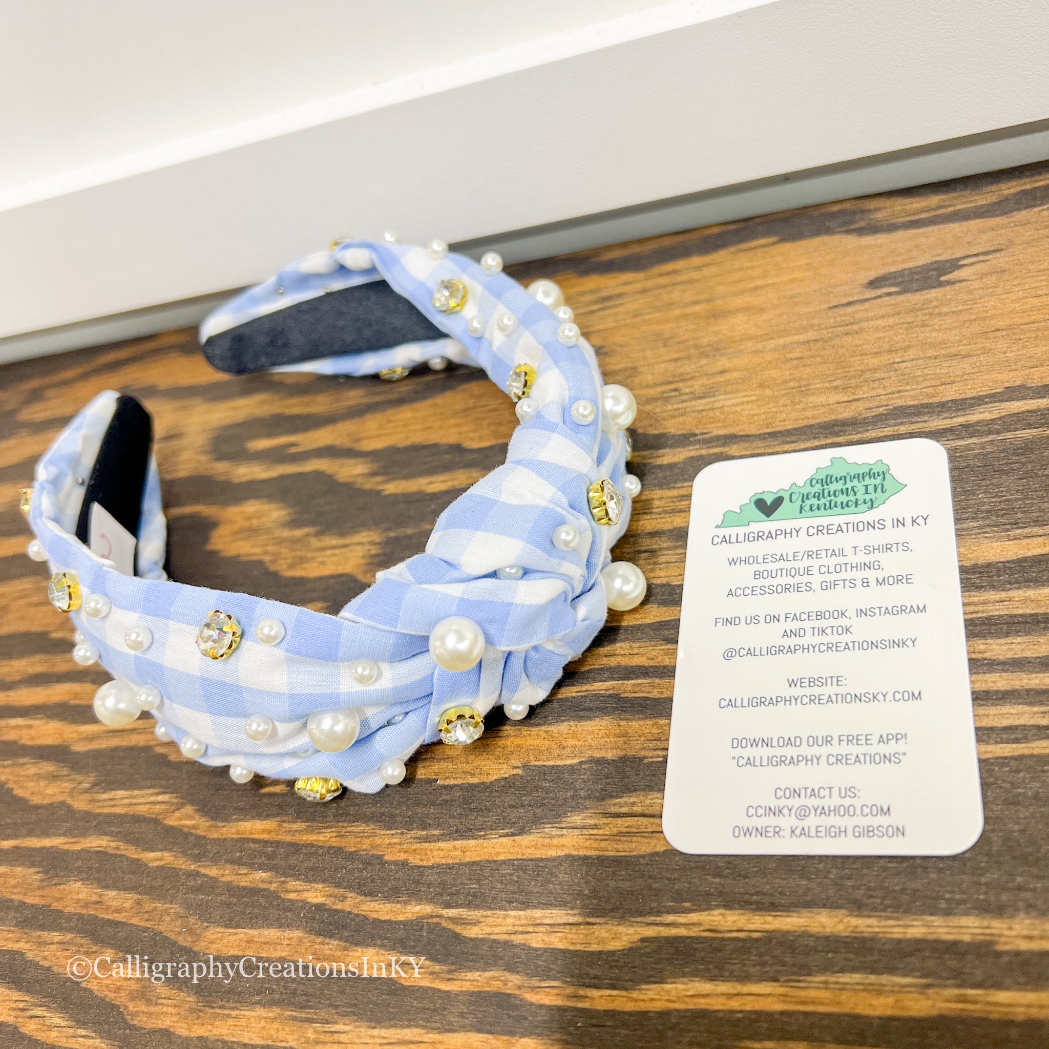 Baby Blue Plaid & Pearl Non-Headache Headband