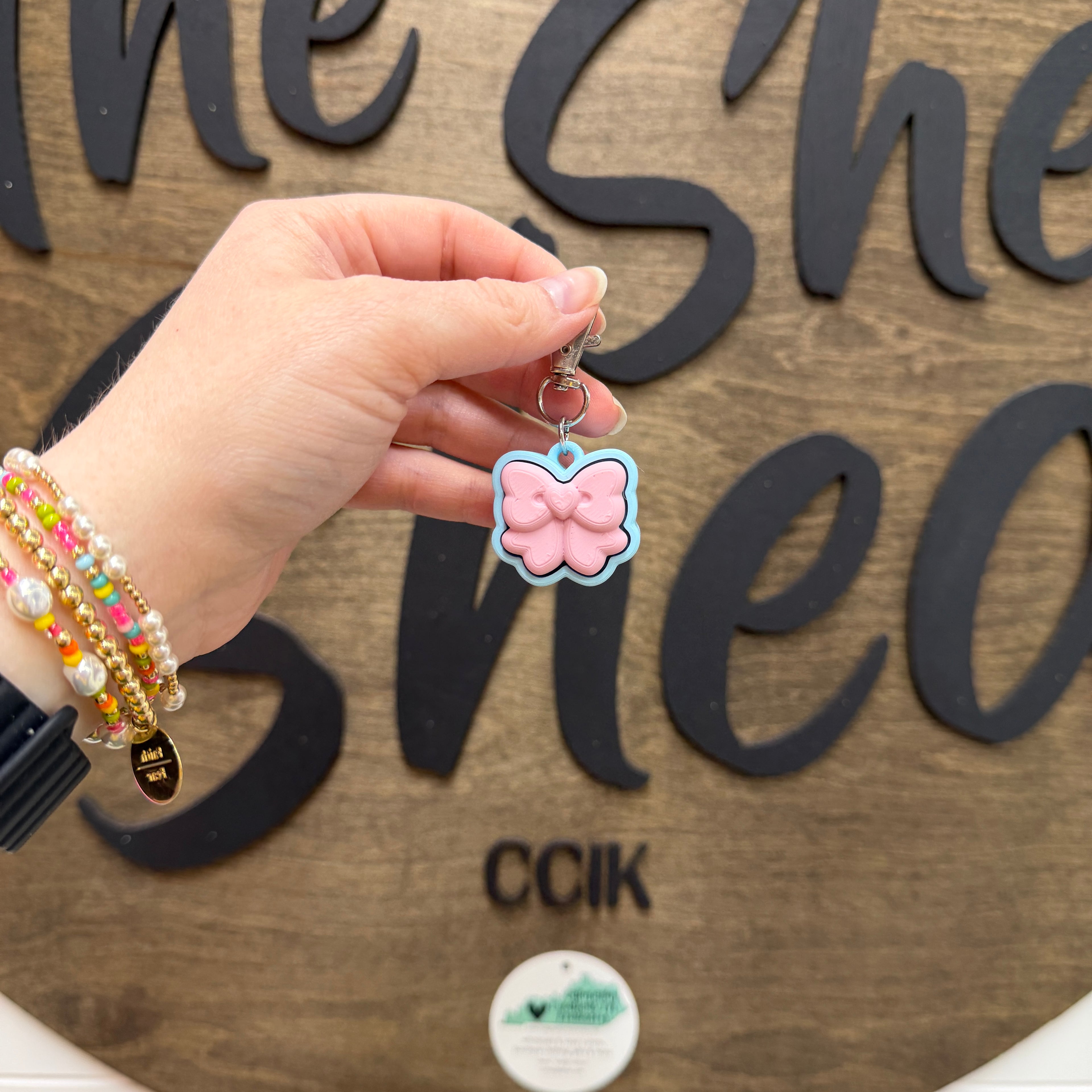Light Pink/Light Blue Bow Fidget Clicker Keychain
