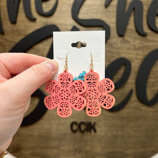 Pink Wooden Flower Earrings