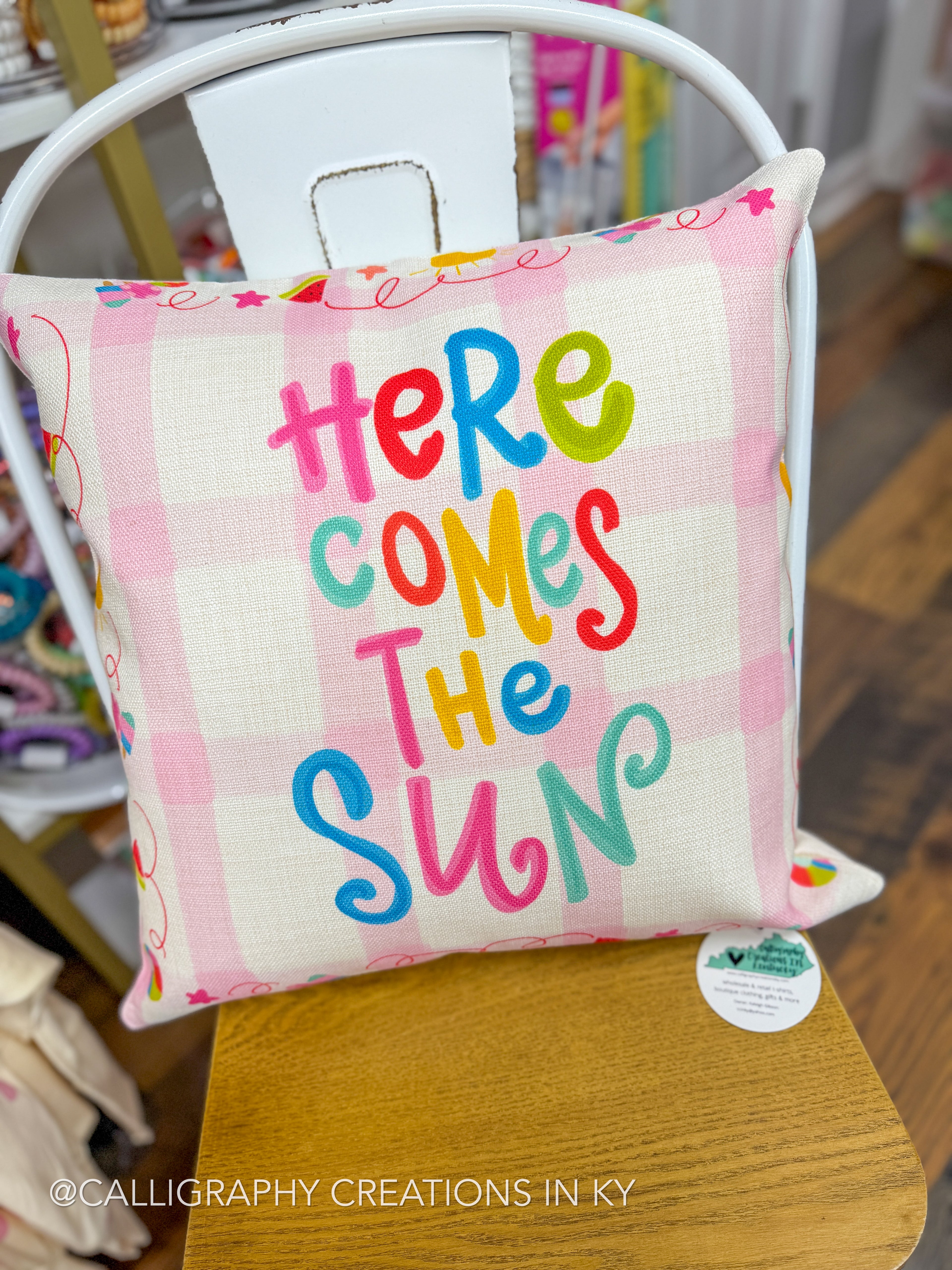 Here Comes The Sun Square Pillow • Doodles by Rebekah