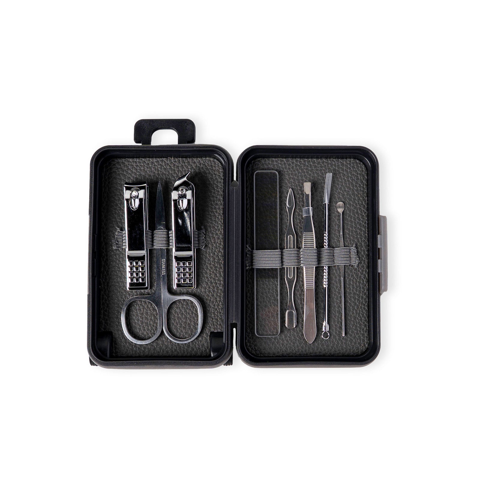 Black case with nails tools inside on a white background