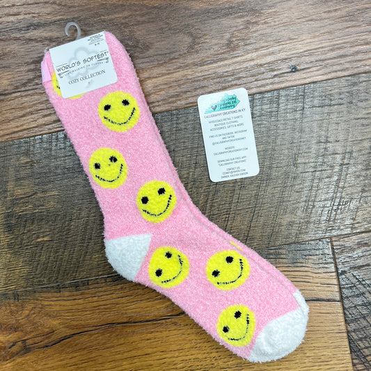 Smiley Face Pink Holiday Spring Cozy Crew | World’s Softest Socks