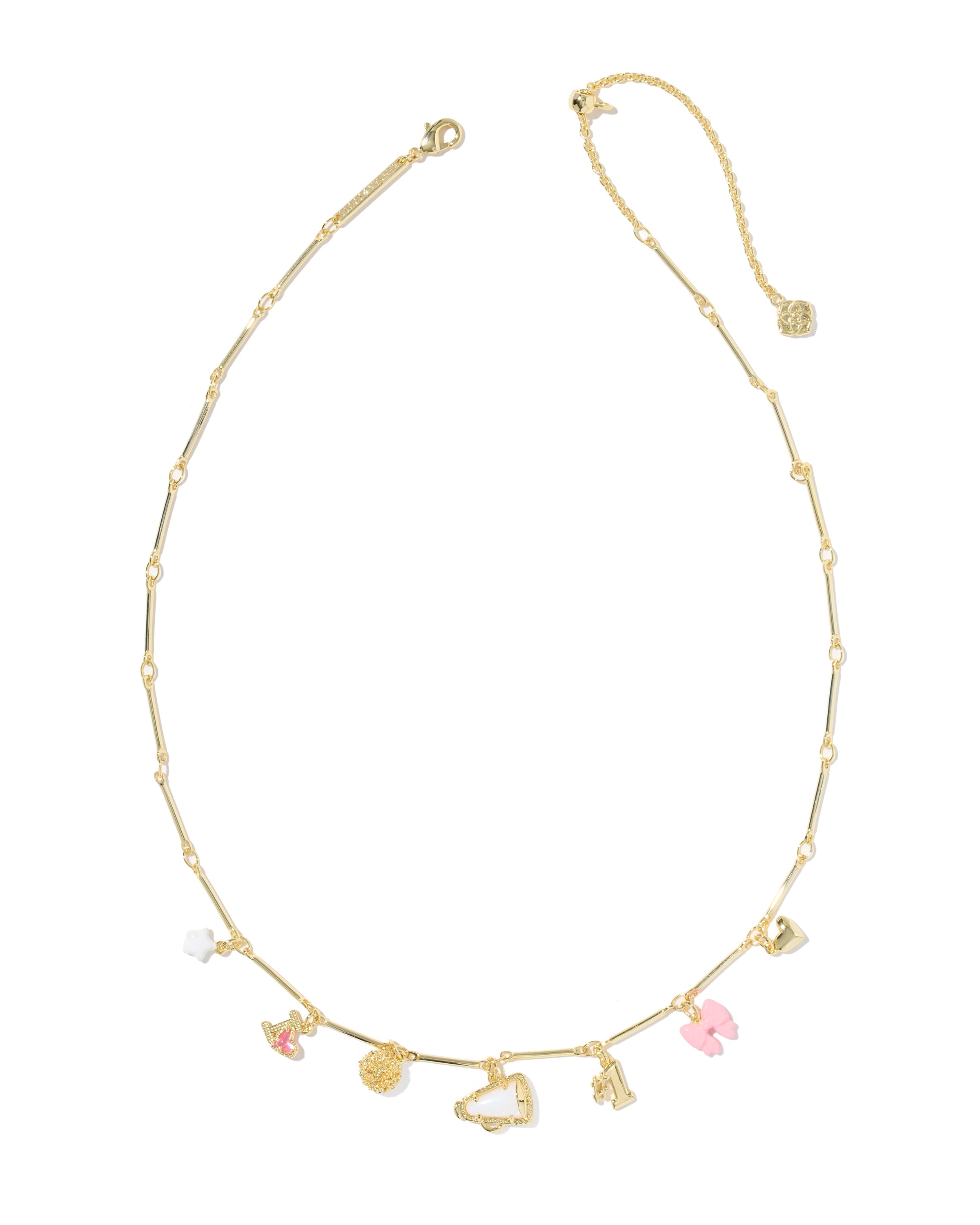 A delicate gold chain necklace with small dangling charms, including a pink butterfly, a white flower, and a gold heart, displayed on a clean white background.