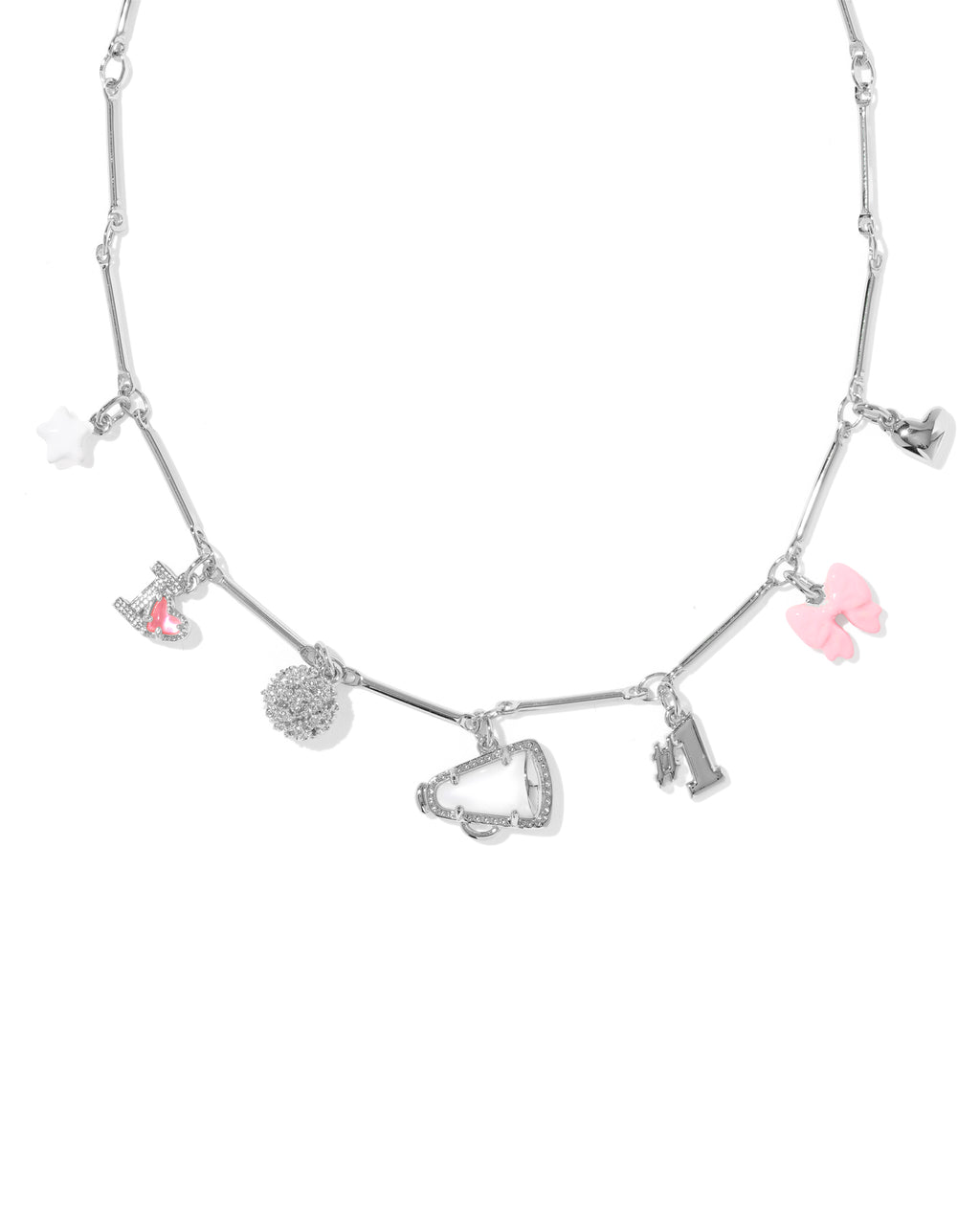 A silver-tone charm necklace featuring multiple small dangling charms, including a pink bow, a pink-and-white teacup, a heart, a star, and a small letter charm, displayed on a clean white background.