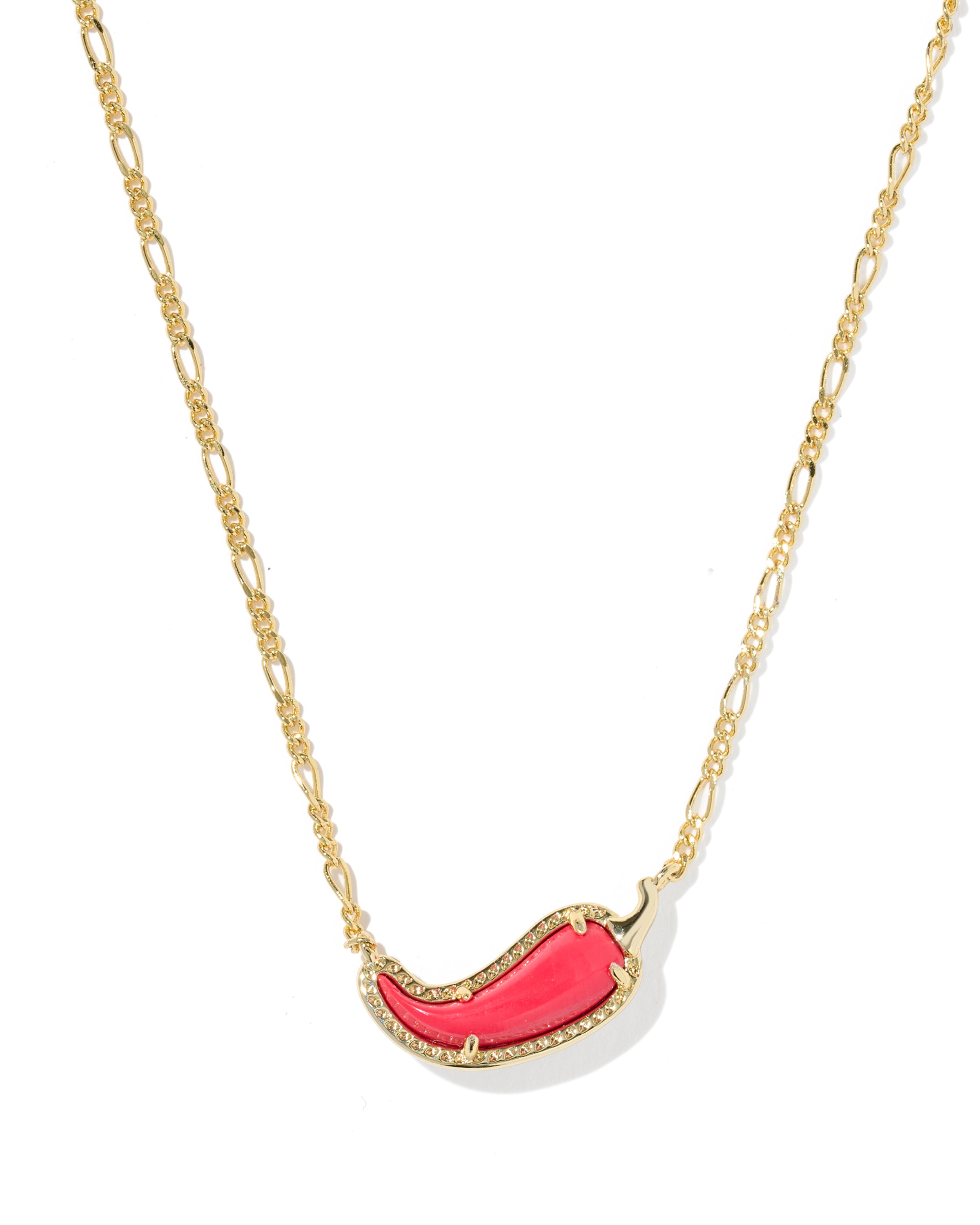 A gold Figaro chain necklace featuring a crescent-shaped pendant with a vibrant pink center and a border of small clear crystals, shown on a plain white background.