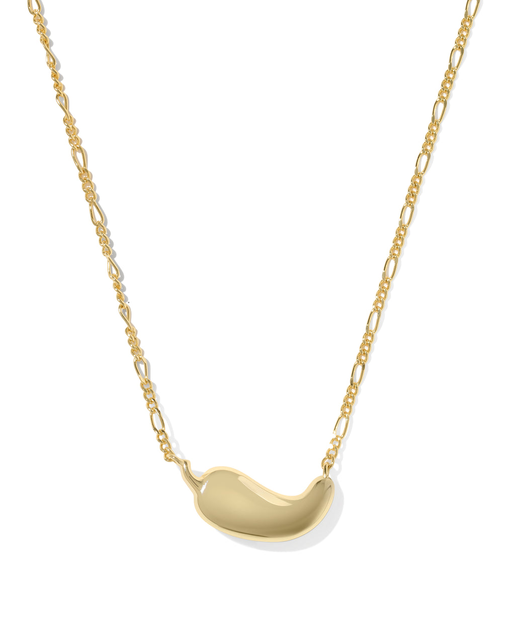 A delicate gold chain necklace featuring a small, smooth, curved bean-shaped pendant, displayed against a clean white background.
