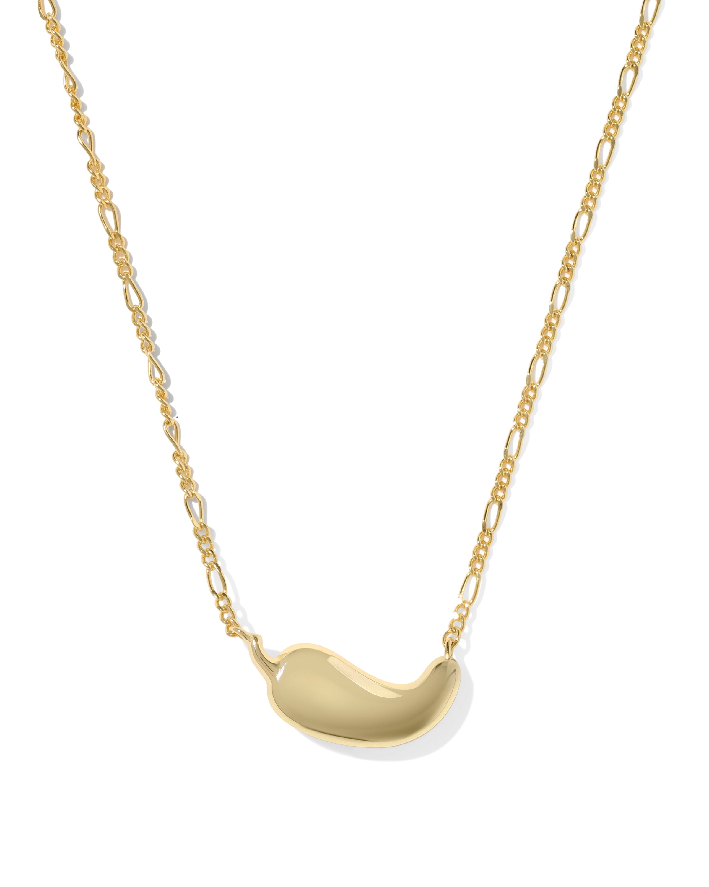 A delicate gold chain necklace featuring a small, smooth, curved bean-shaped pendant, displayed against a clean white background.
