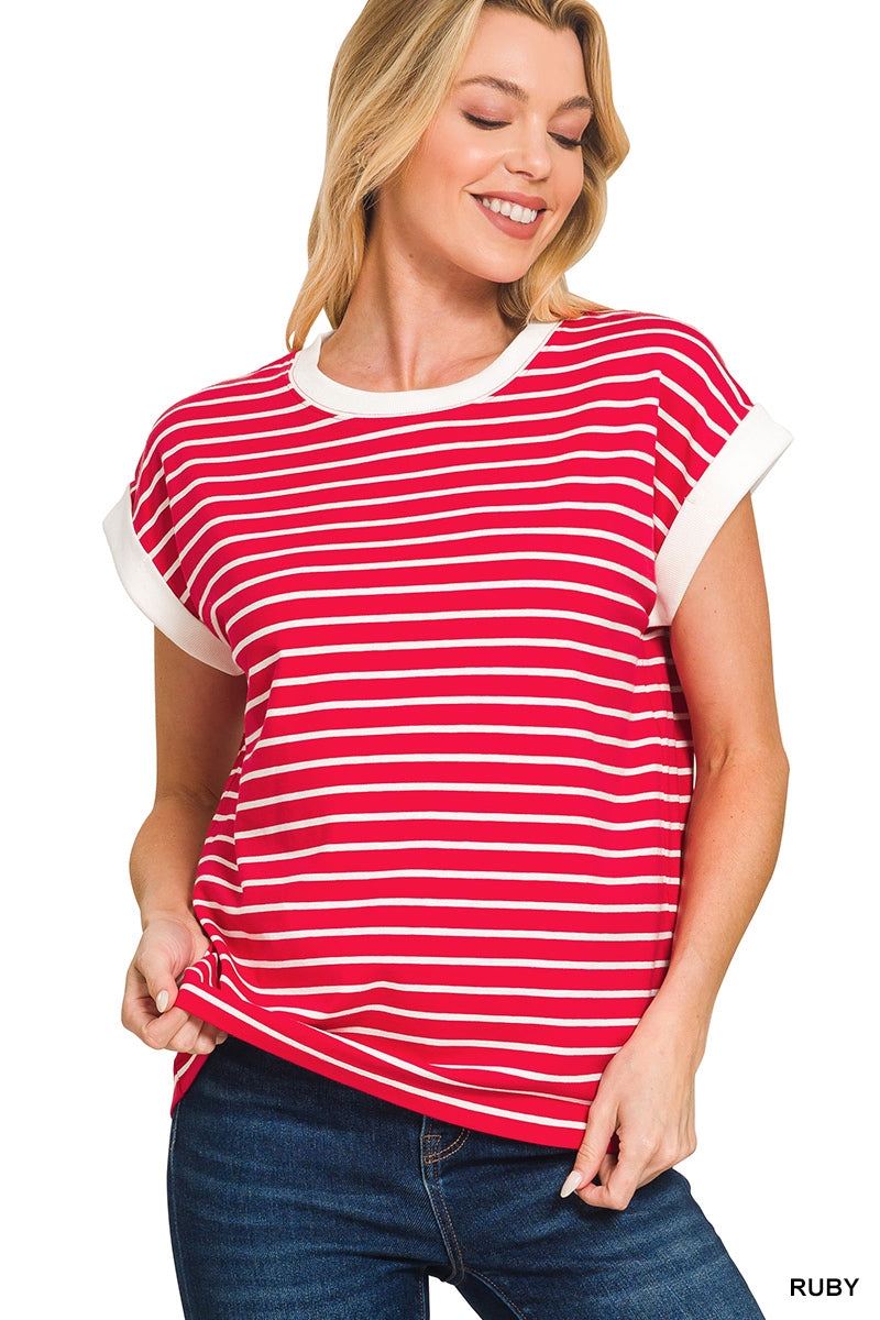 Ruby • Contrast Trim Cap Sleeve Stripe Top