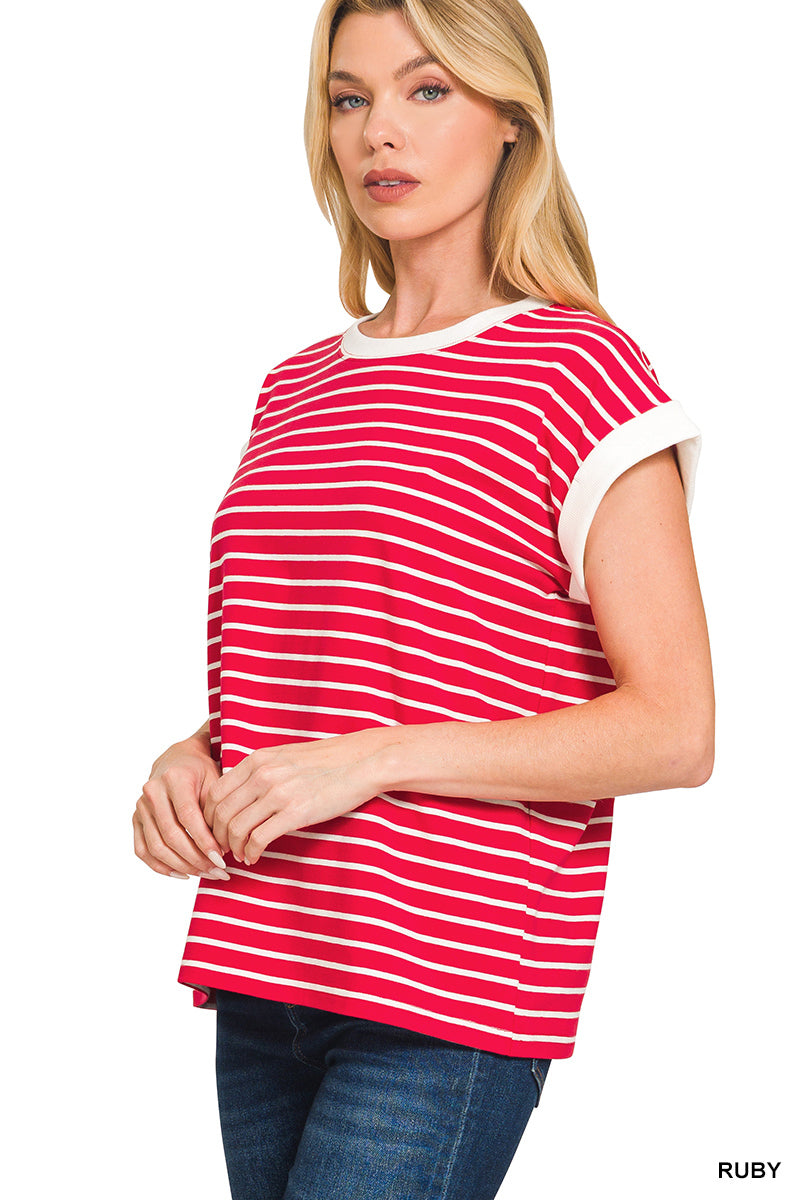 Ruby • Contrast Trim Cap Sleeve Stripe Top