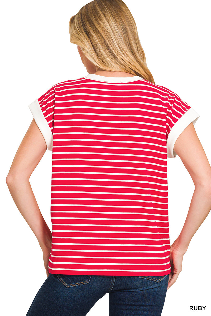 Ruby • Contrast Trim Cap Sleeve Stripe Top