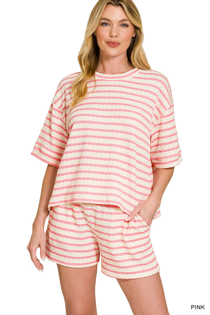 Pink | Striped Short Sleeve/Shorts Set