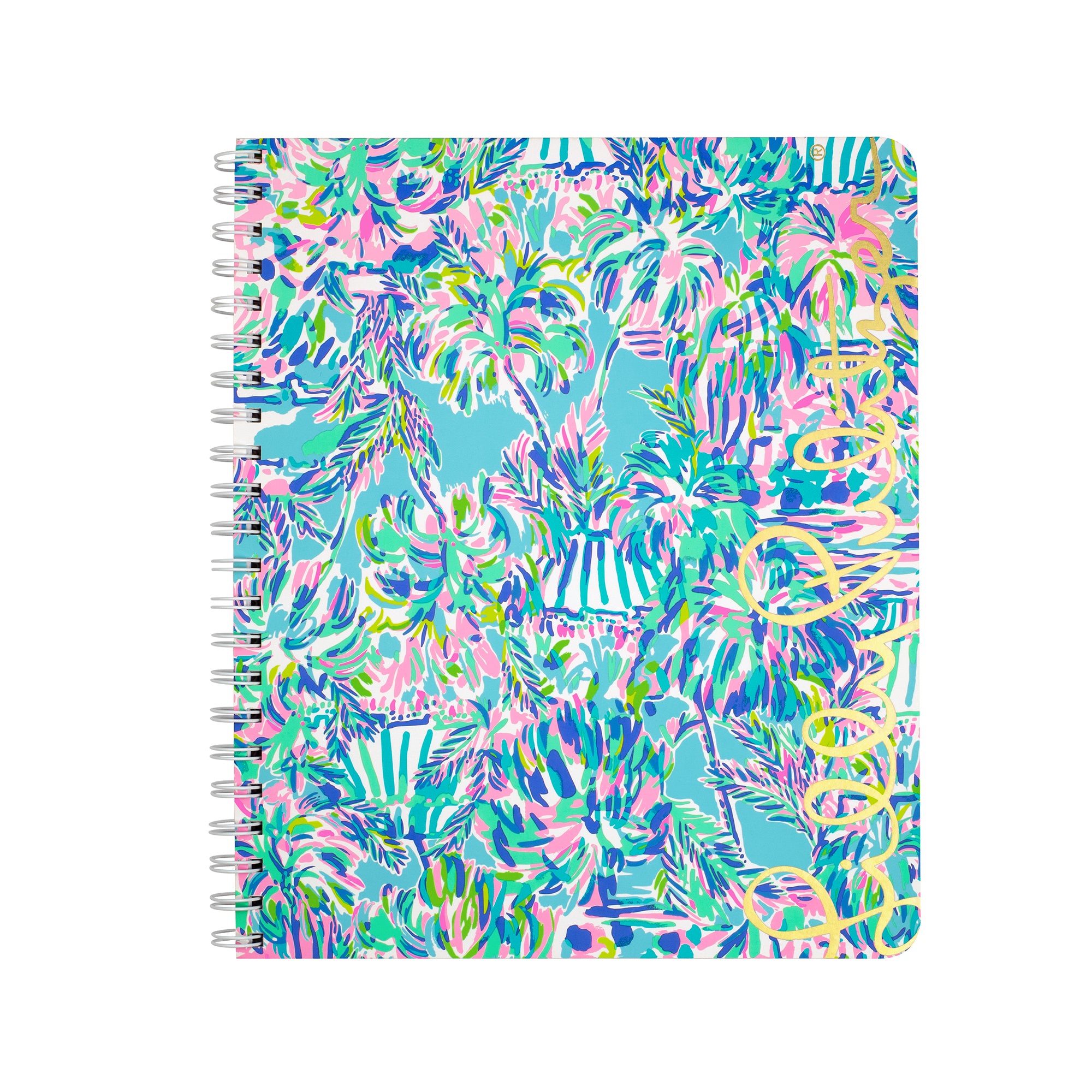 Colorful patterned notebook on a white background.