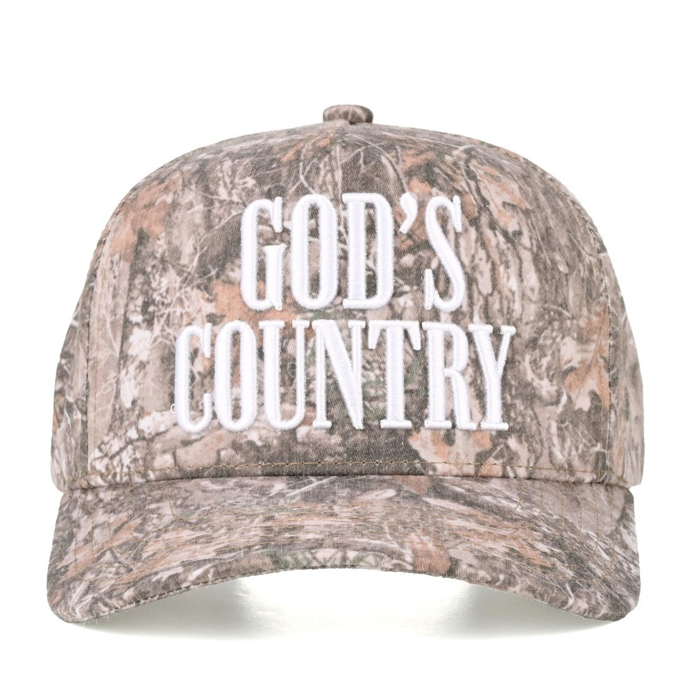 Camouflage cap with 'GOD'S COUNTRY' text on a white background