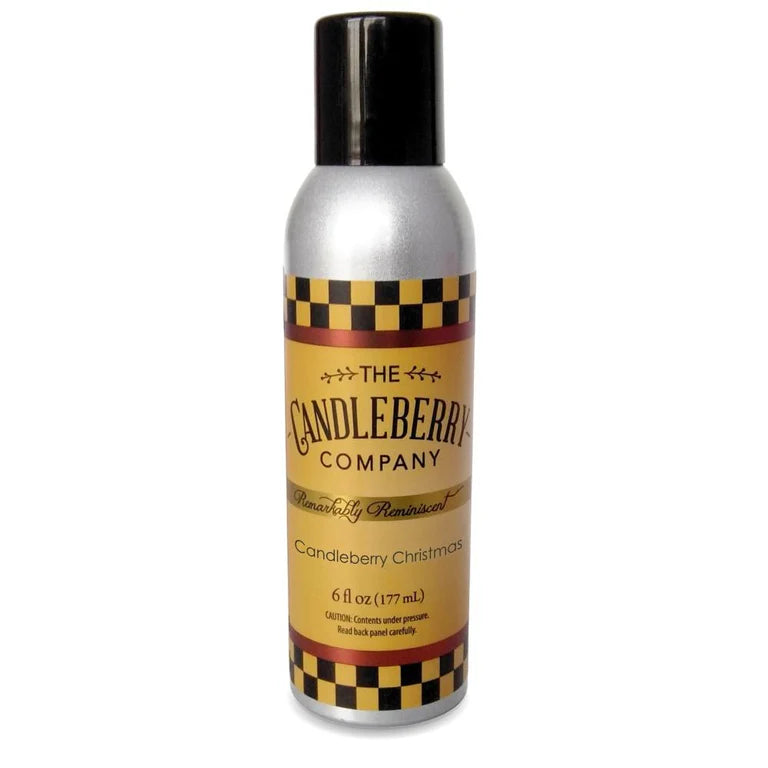A spray bottle of Candleberry Christmas room spray with a yellow and black checkered design on the label.