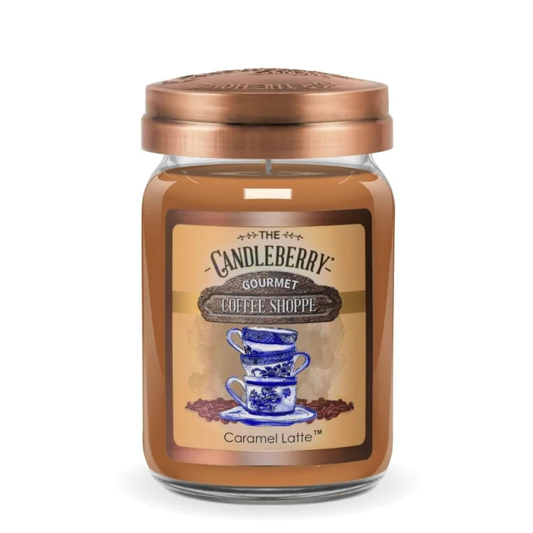 A large brown jar of Caramel Latte scented candle with a label that reads 'The Candleberry Gourmet Coffee Shop'. The lid has a copper-like finish and the candle appears to be made with a soy blend wax.