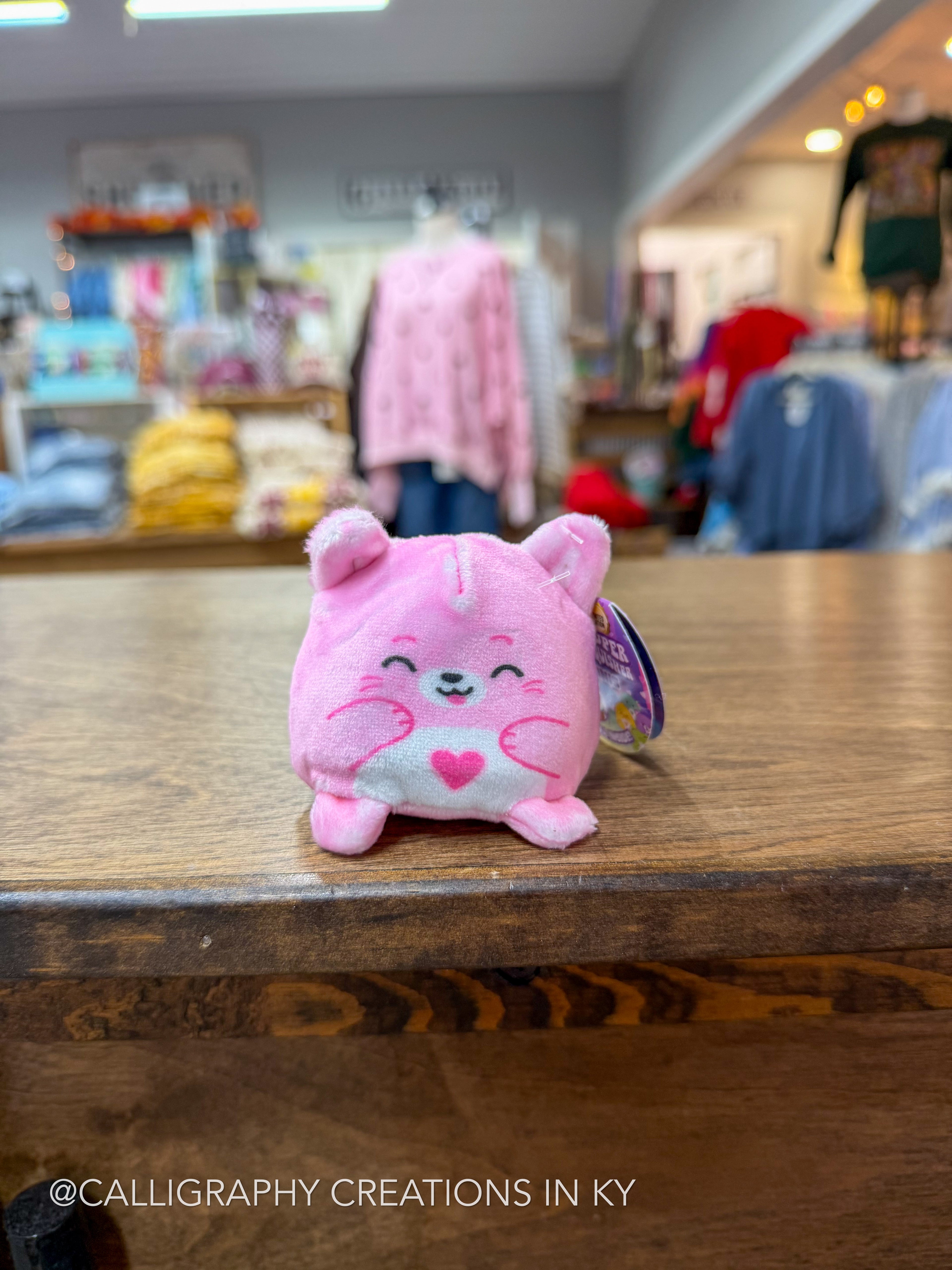 A small pink plush toy with a cat-like face and heart details sits on a wooden counter in a retail store, with blurred clothing racks in the background.