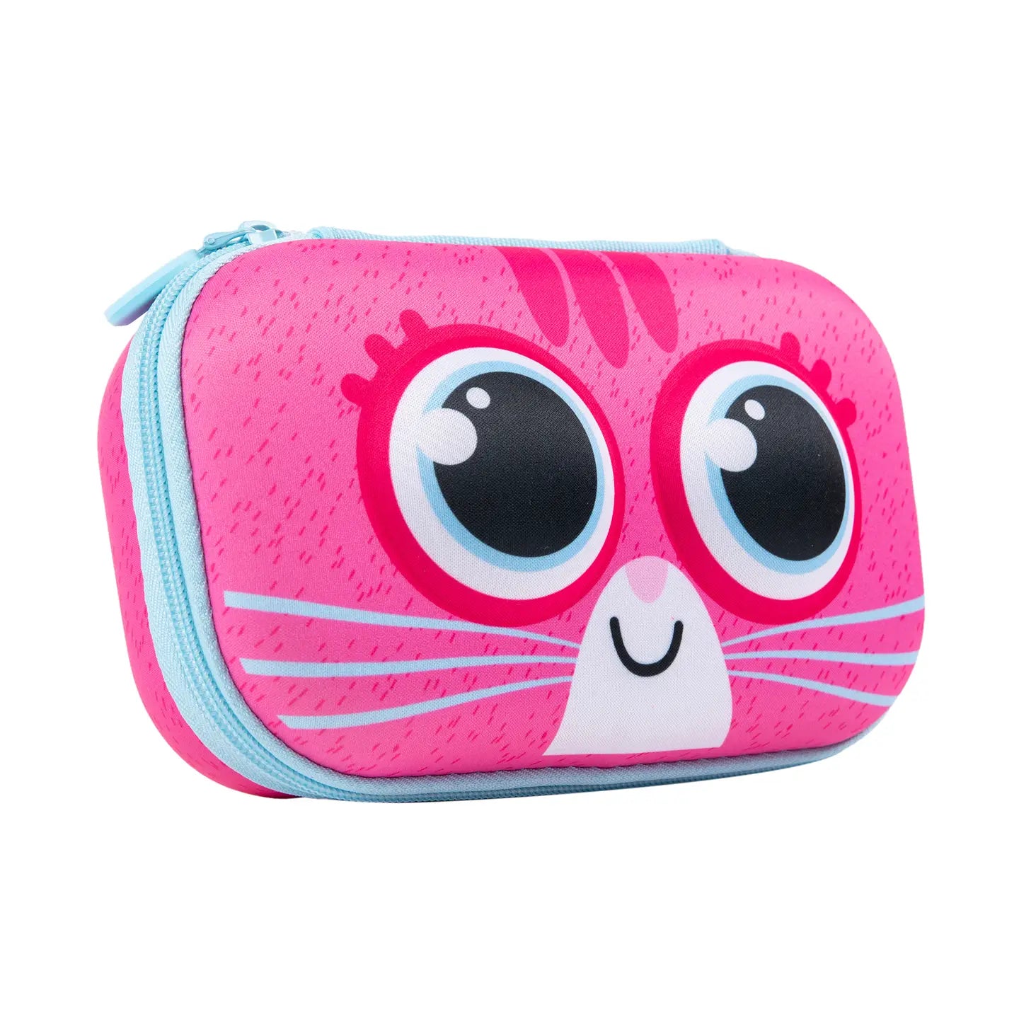 A pink zippered pencil case featuring a cartoon cat face design with large black and white eyes, blue outlines, and a white snout on a solid white background.