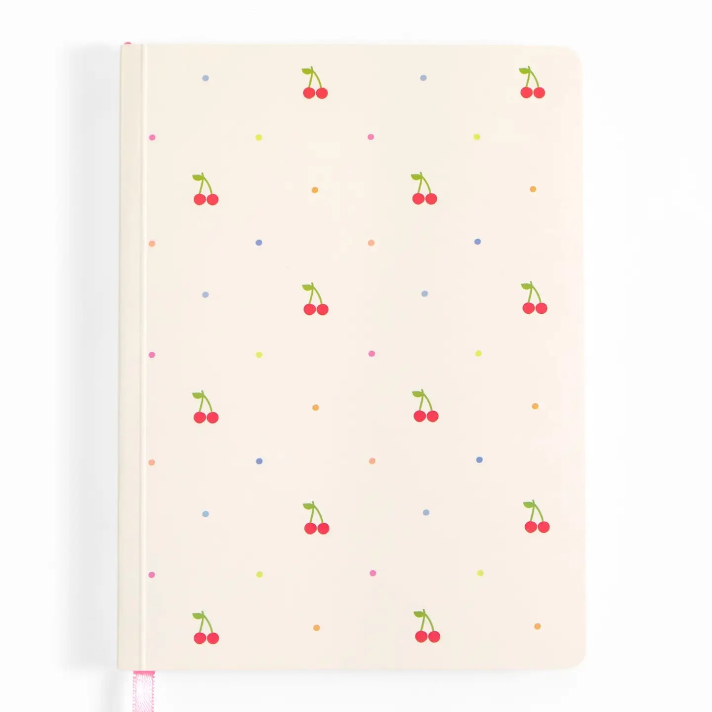 A cream-colored hardcover notebook with a repeating pattern of small red cherries and multicolored polka dots, featuring a pink ribbon bookmark.