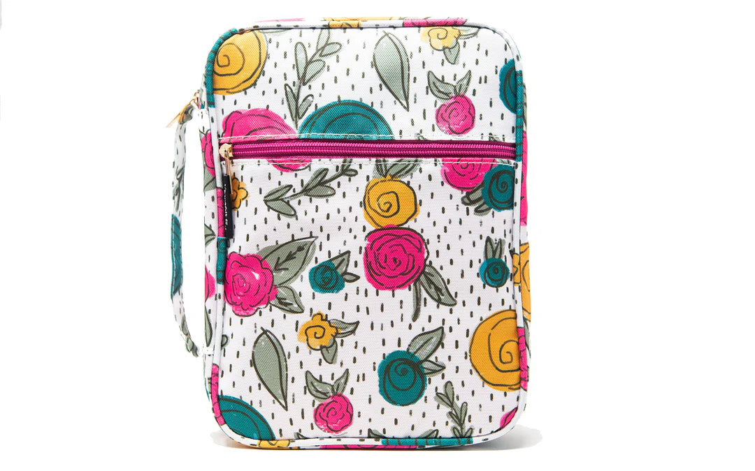 Floral patterned Bible cover with colorful accents on a white background