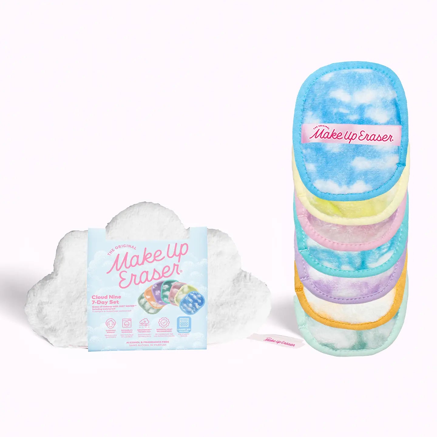 Cloud shaped bag on the left and 7 patterned makeup erasers on the left. 