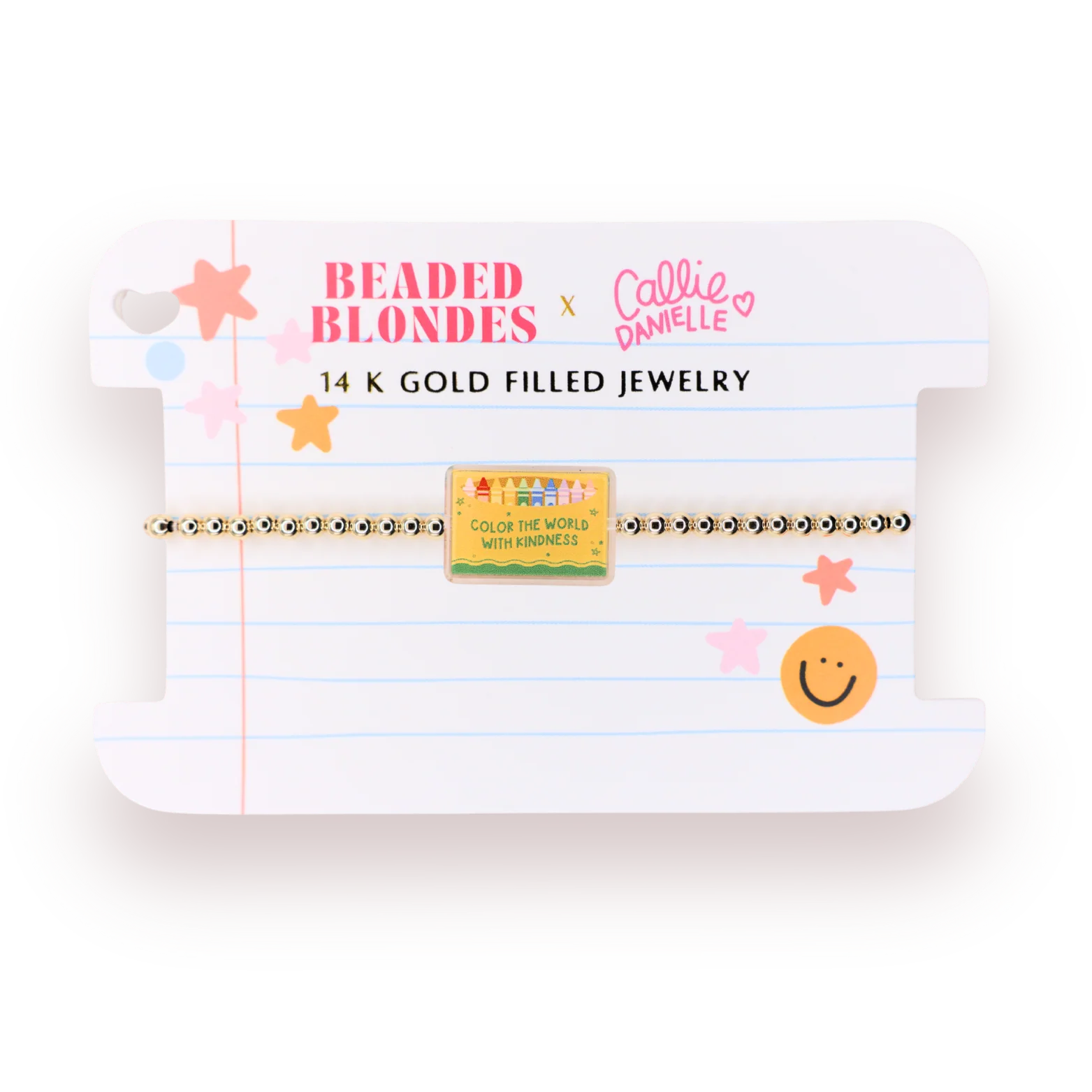 A gold-filled beaded bracelet by Beaded Blondes x Callie Danielle, displayed on a white lined notebook card with pink and orange accents. The central charm reads 'COLOR THE WORLD WITH HARMONE'.