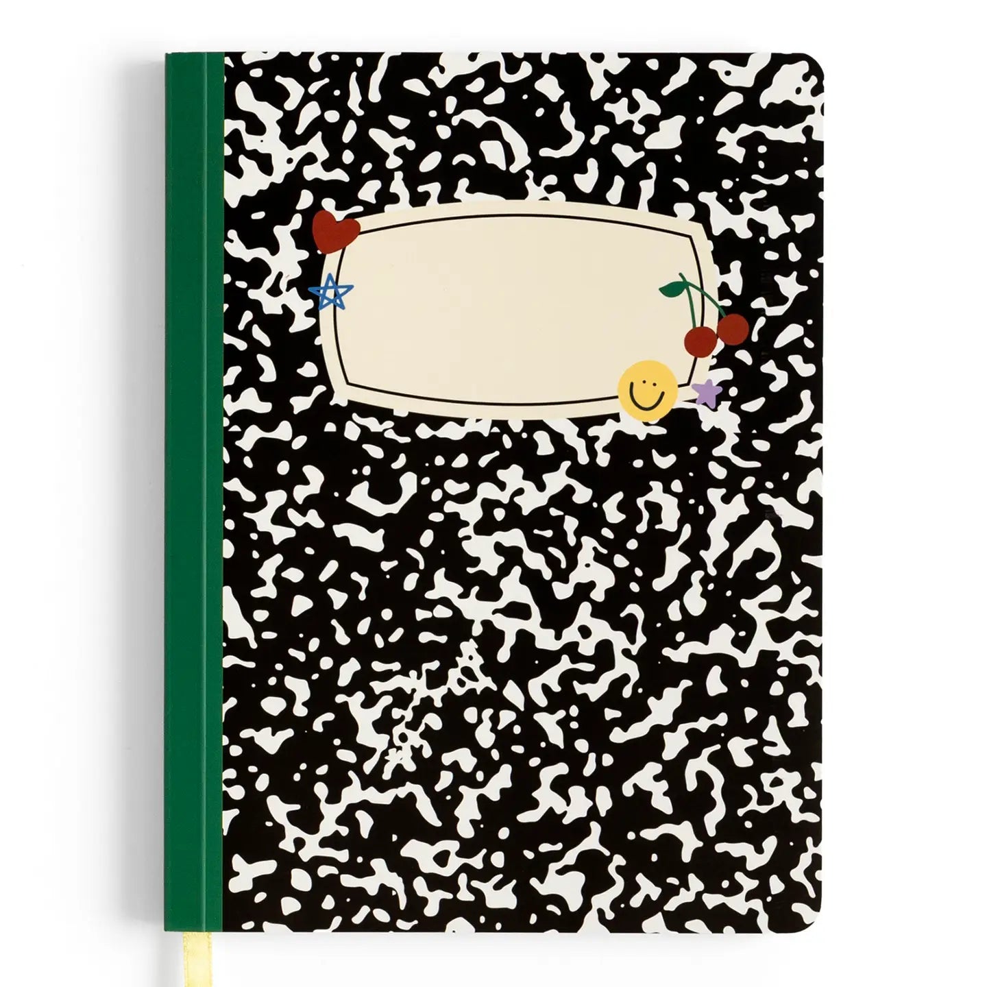 A composition notebook with a classic black and white marbled cover, a green spine, and a blank beige label frame in the center decorated with small red cherries, a smiley face, and a blue star.