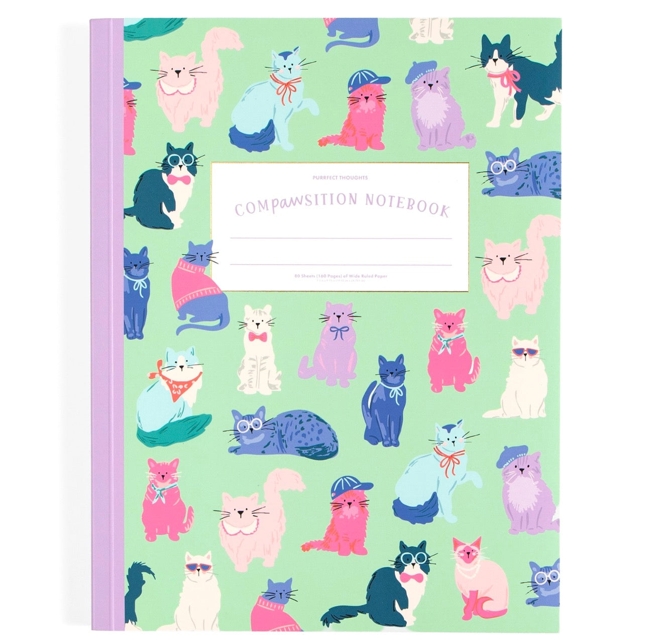 A composition notebook with a pastel green cover decorated with a colorful pattern of cartoon cats in various poses. The notebook has a lavender purple spine and a white title label that reads 'COMPILATION NOTEBOOK'.