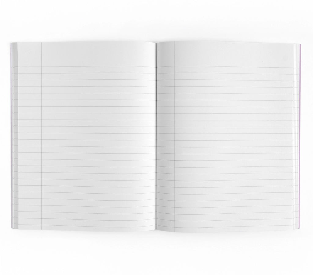 An open notebook with blank white lined pages, displayed against a clean white background.